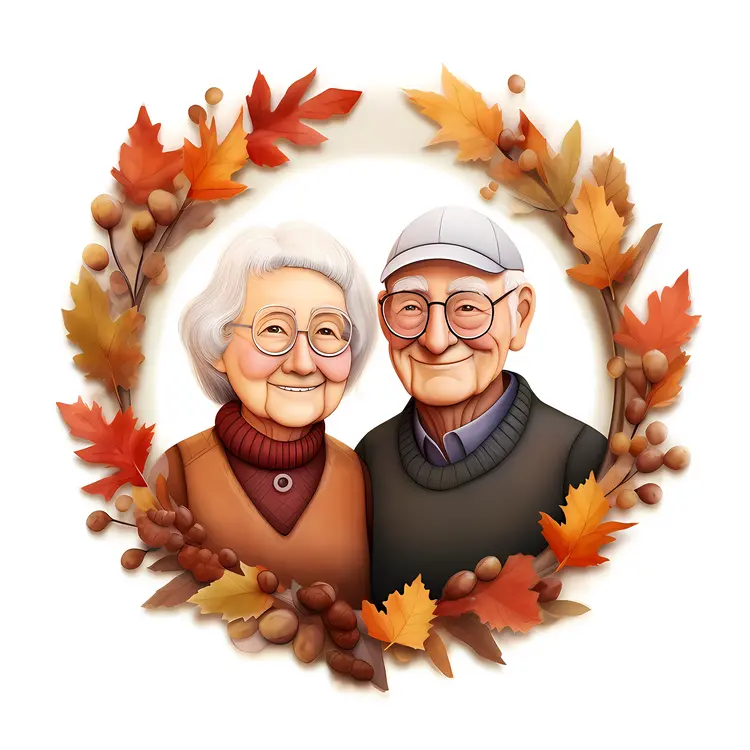 Elderly Couple in Autumn Wreath for Thanksgiving