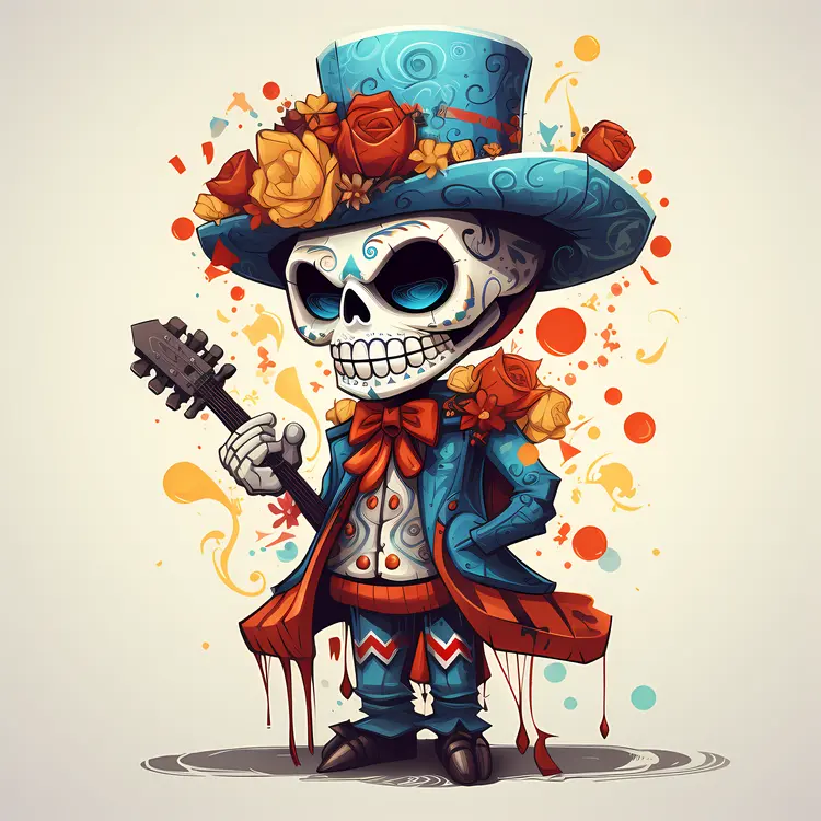 Skeleton with Guitar and Flower Hat