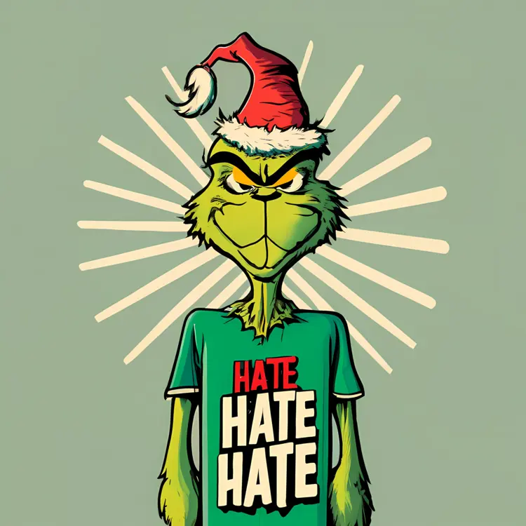 Grinch in Santa Hat with 'Hate, Hate, Hate' Text