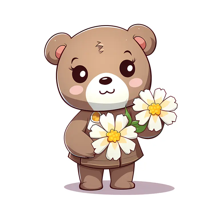 Cute Brown Bear Holding Flowers Illustration