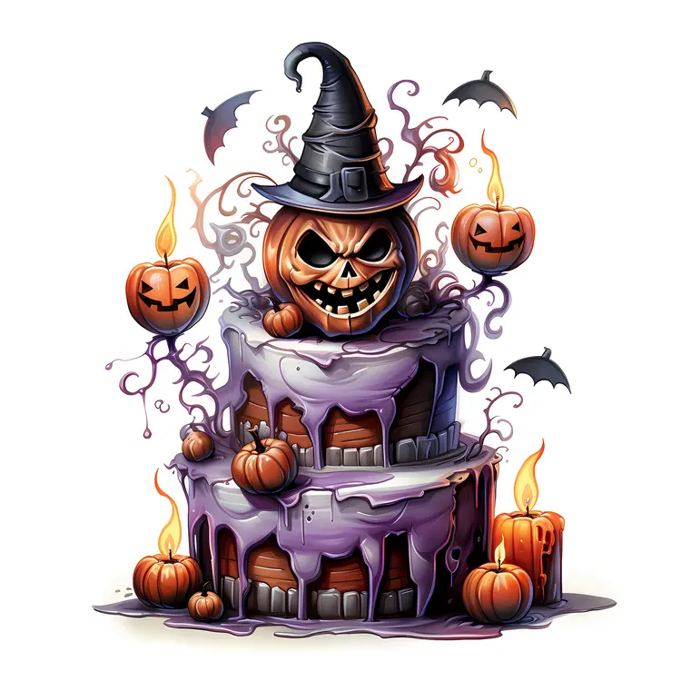 Halloween Cake with Witch Hat and Pumpkins