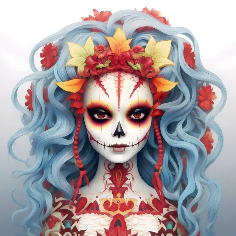Floral Sugar Skull with Blue Hair and Red Flowers