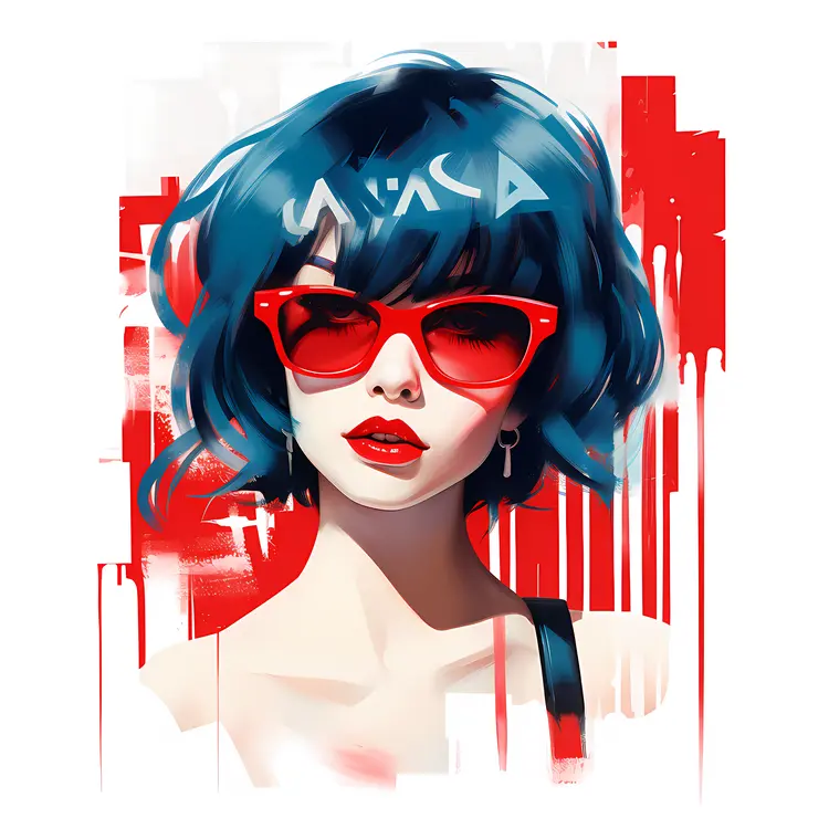 Stylish Woman with Blue Hair and Red Sunglasses