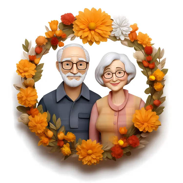 Elderly Couple Surrounded by Flowers for Grandparents Day