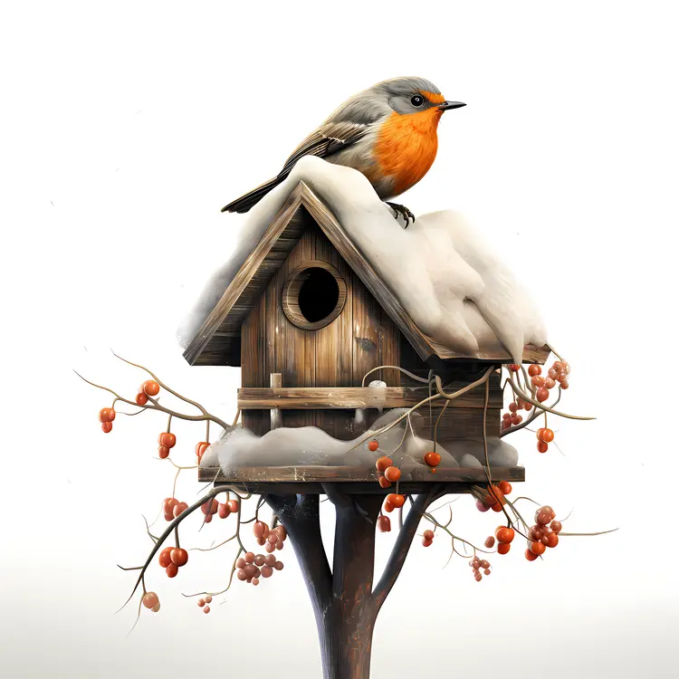 Bird on Snowy Birdhouse with Berries