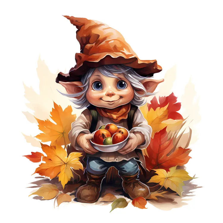 Cute Elf with Apples and Autumn Leaves