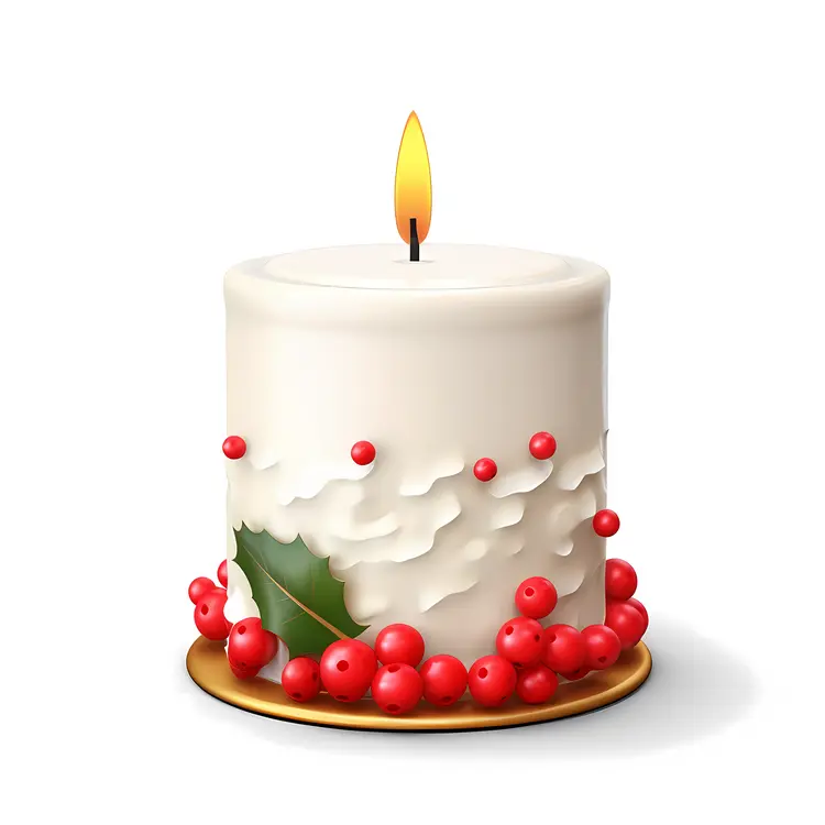 Single White Candle with Red Berries and Holly