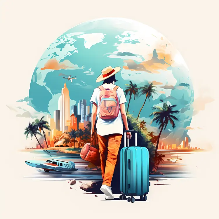 Traveler with Luggage and Cityscape Background
