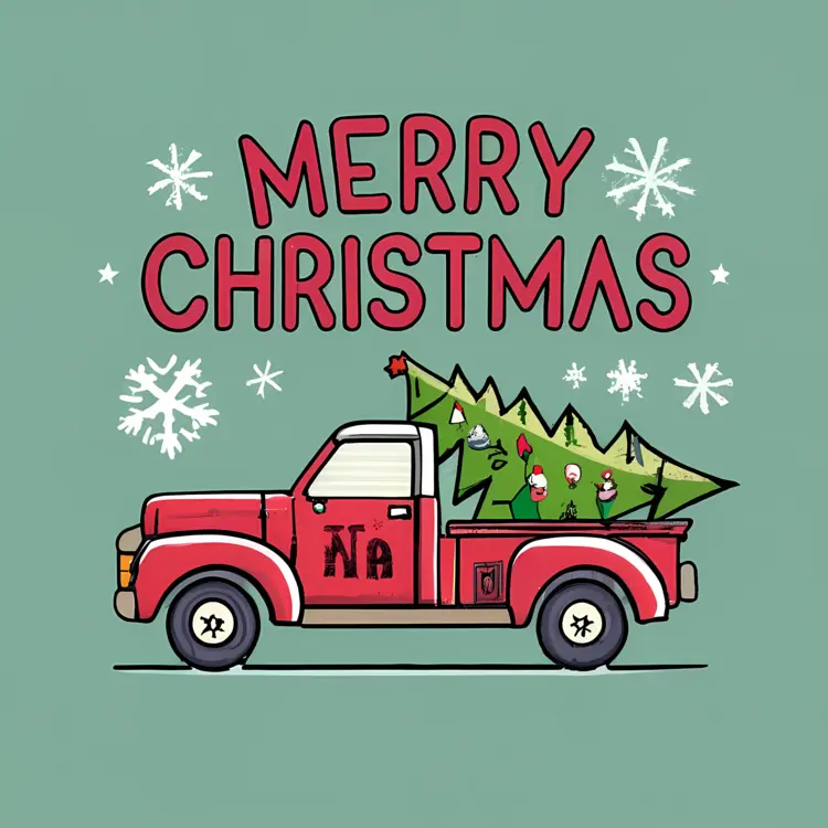 Red Truck with Christmas Tree and Snowflakes