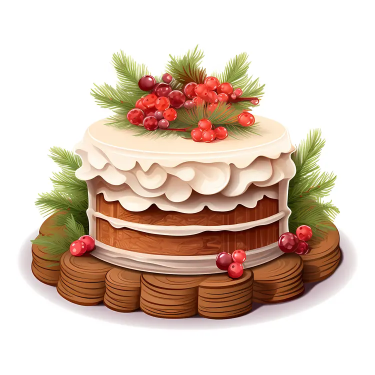 Christmas Cake with Berries and Pine Decoration