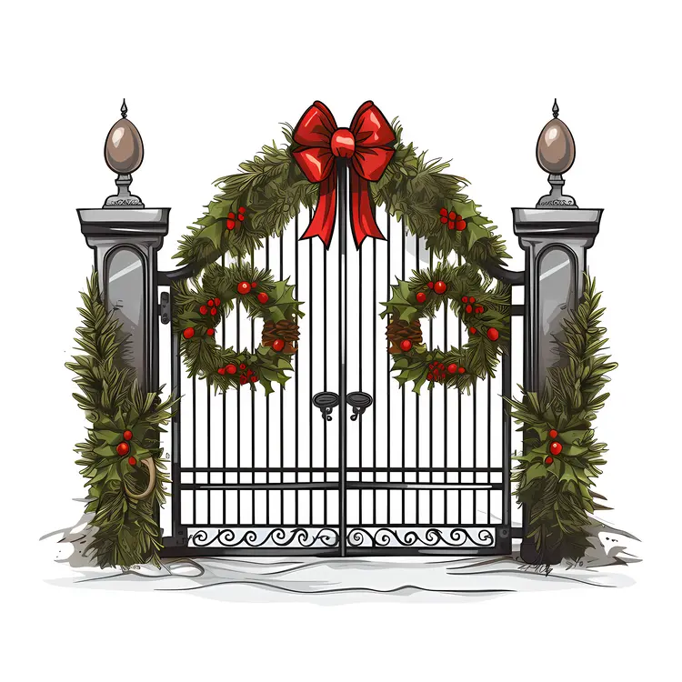 Gate Adorned with Christmas Wreaths and Red Bows