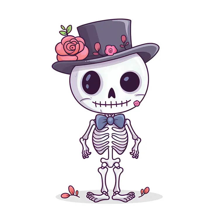 Cute Skeleton with Top Hat and Flower