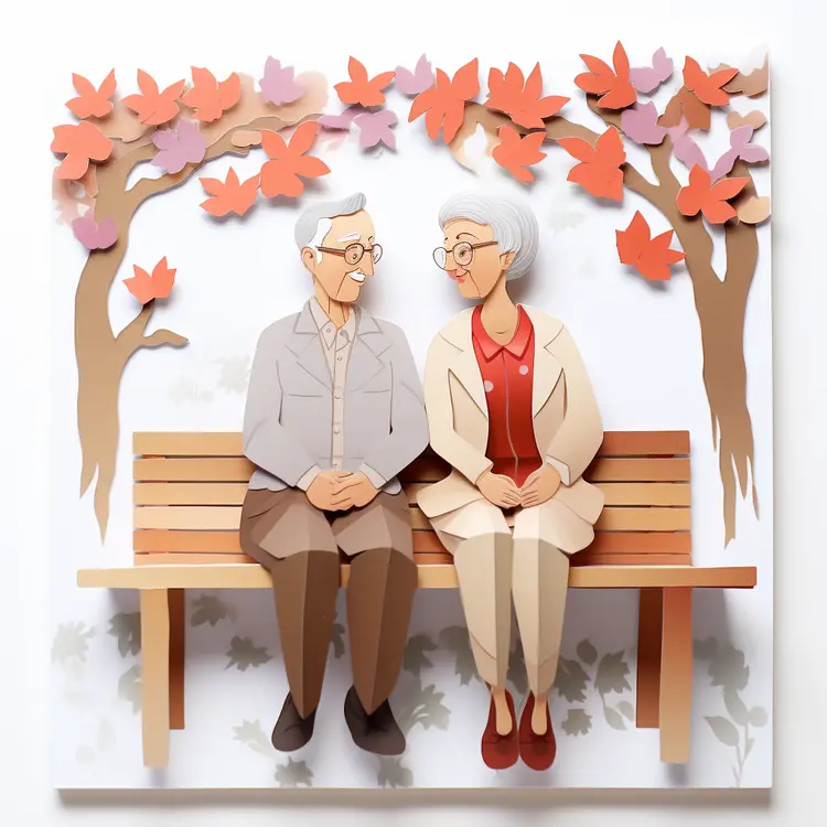 Elderly Couple Sitting on a Park Bench in Autumn