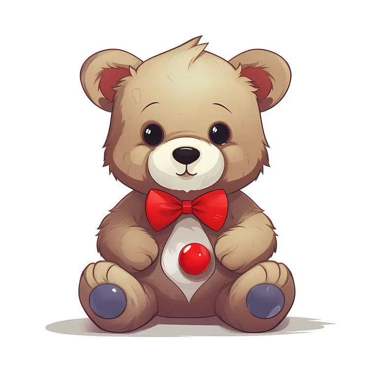 Fluffy Teddy Bear with Red Bow and Blue Paws