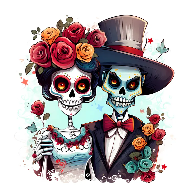 Skeleton Couple with Flowers and Top Hat