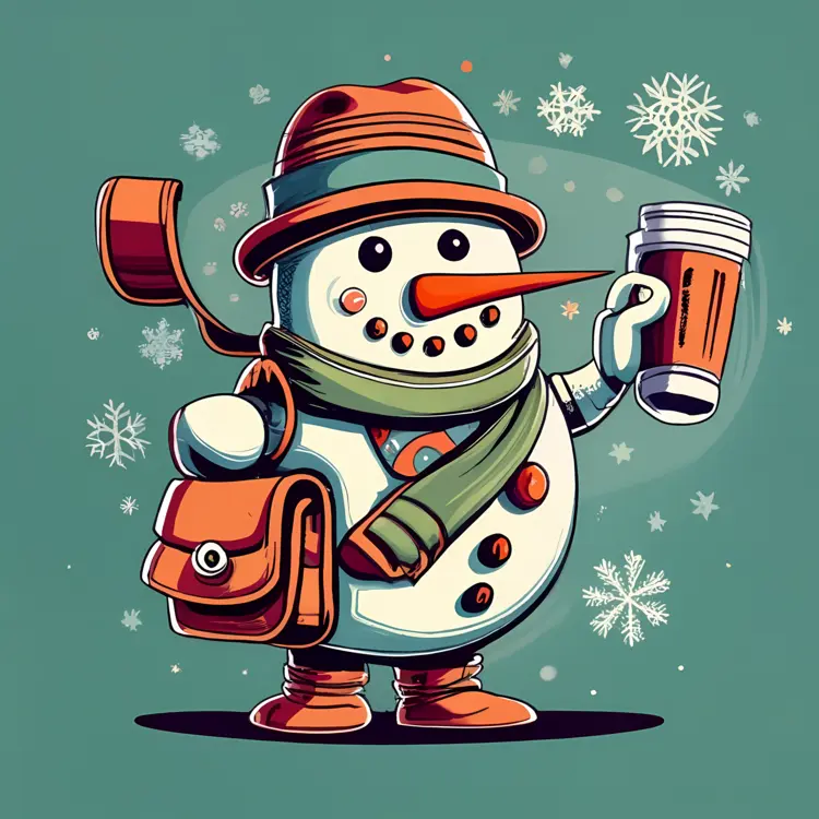 Snowman with Backpack and Drink in Winter