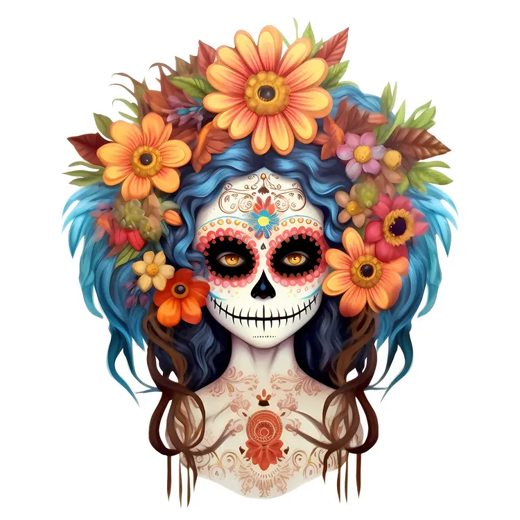Colorful Sugar Skull with Floral Headpiece for Day of the Dead Celebration