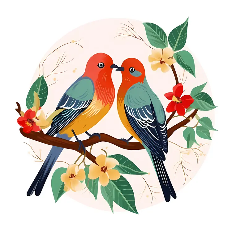 Colorful Birds on a Branch Illustration
