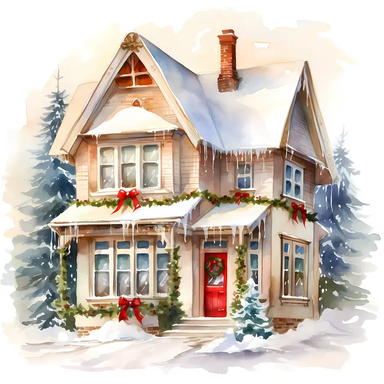 Snowy house with Christmas decorations
