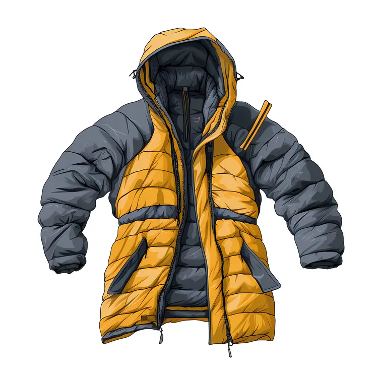 Yellow and Gray Puffer Jacket with Hood