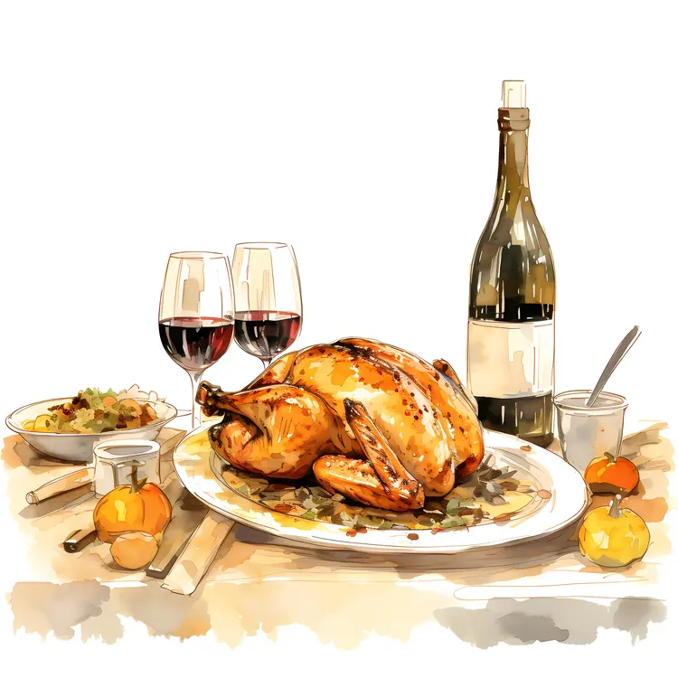 Thanksgiving Dinner with Turkey and Wine