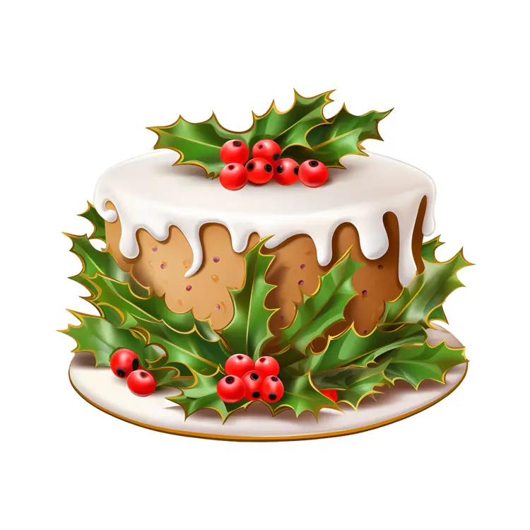 Christmas Cake with Holly Leaves and Red Berries