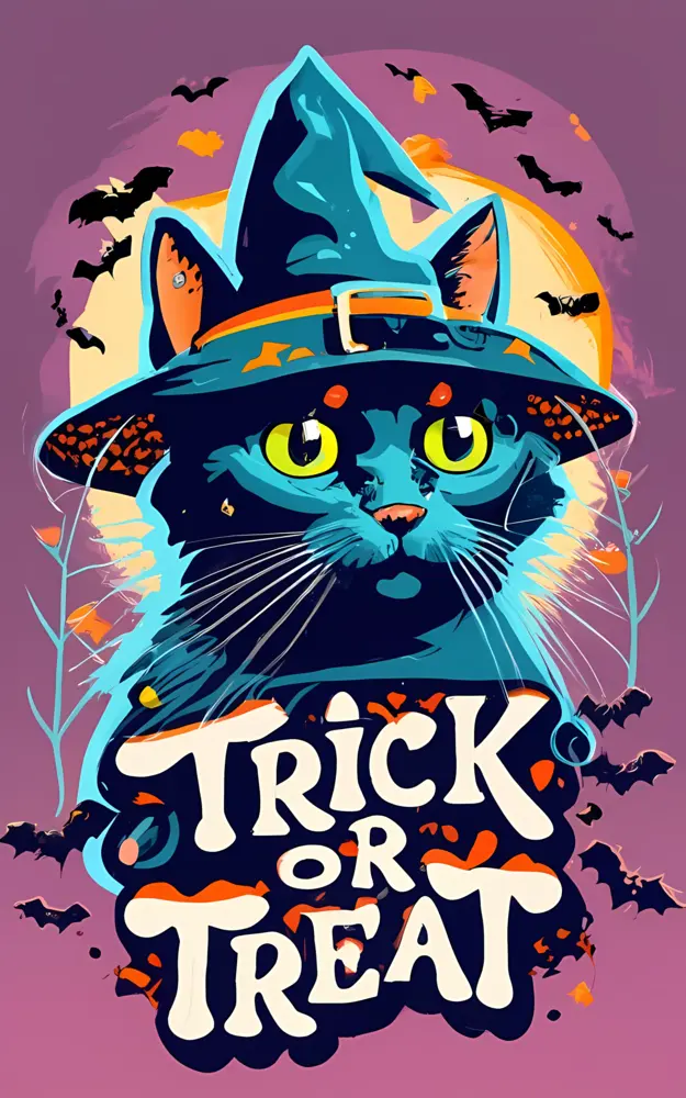 Black Cat with Witch Hat and Pumpkins for Trick or Treat