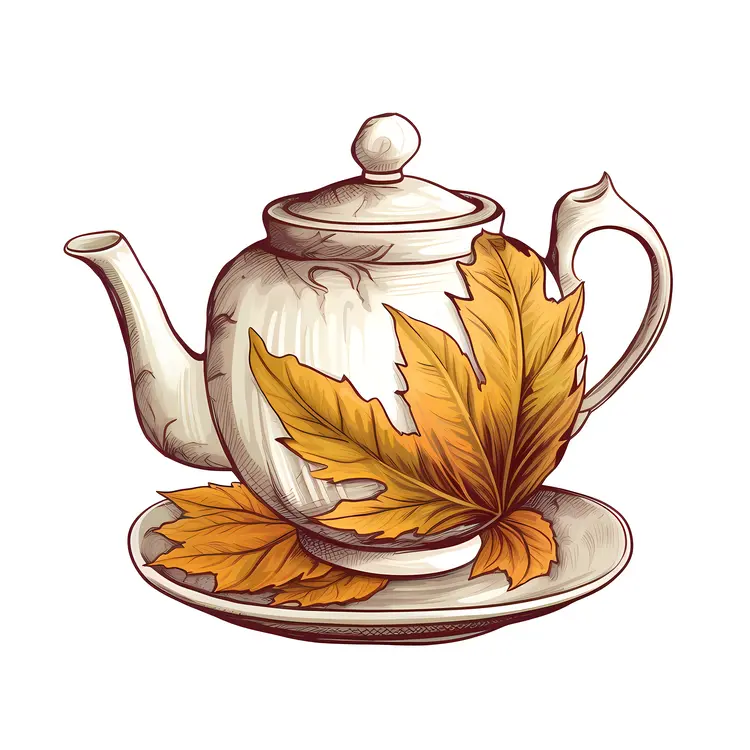 White Teapot with Autumn Leaf Illustration