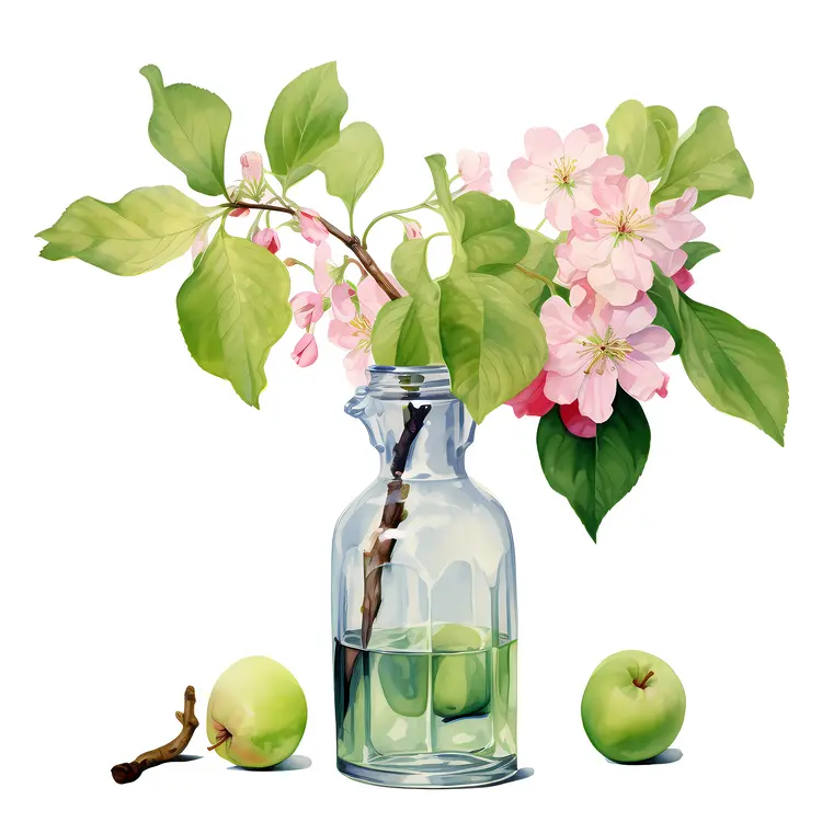 Apple Blossoms in Glass Bottle with Green Apples