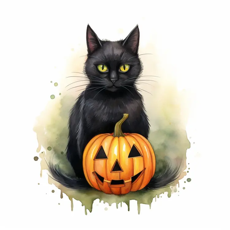 Black Cat with Halloween Pumpkin
