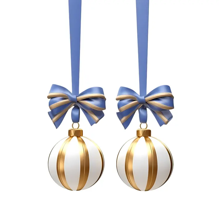 White and Gold Christmas Ornaments with Blue Ribbon