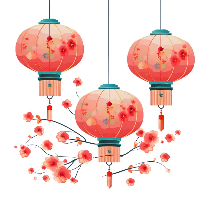 Red Lanterns with Cherry Blossoms for Festival