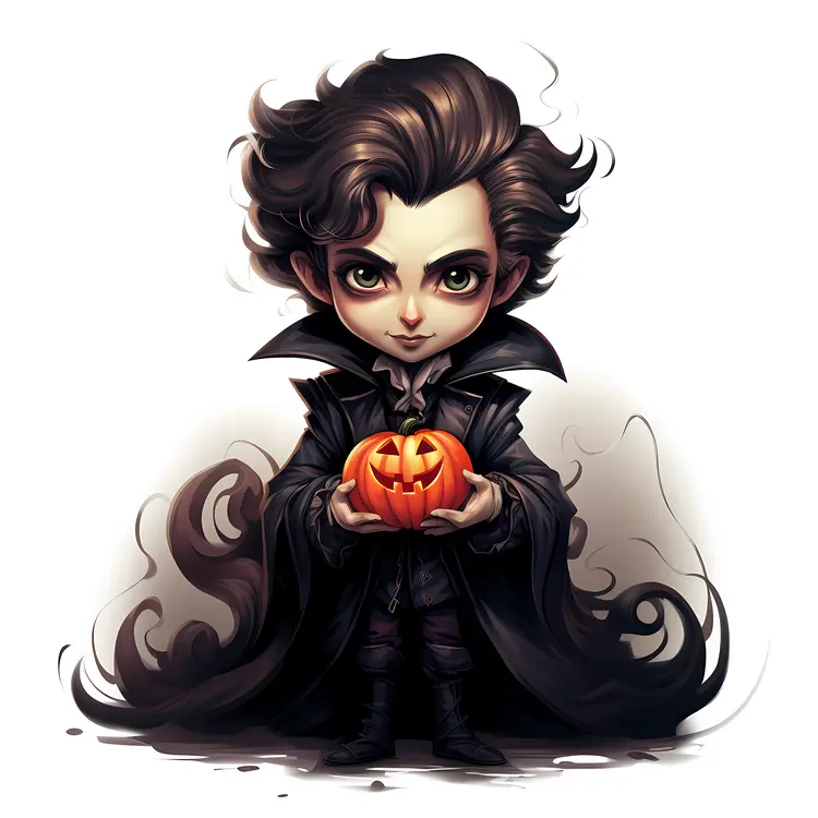 Chibi Vampire Holding a Jack-o'-Lantern