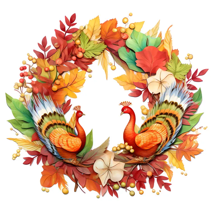 Autumn Wreath with Colorful Turkeys and Leaves