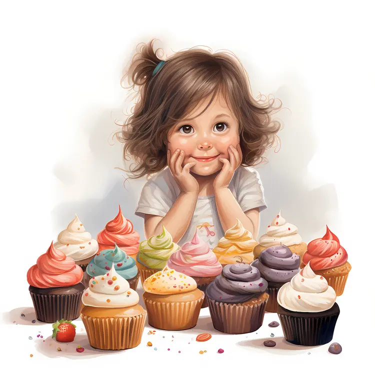 Child Surrounded by Colorful Cupcakes