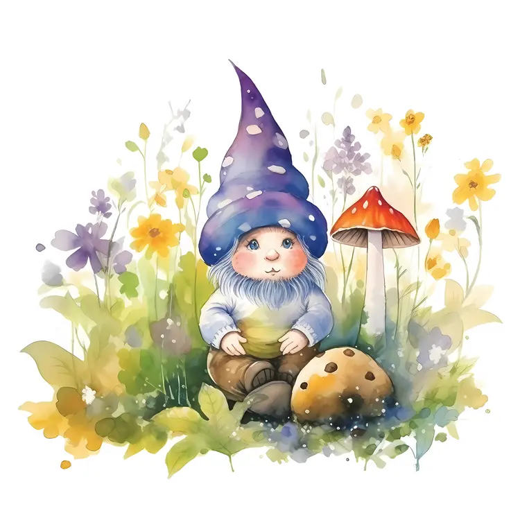 Cute Gnome in a Flower Garden