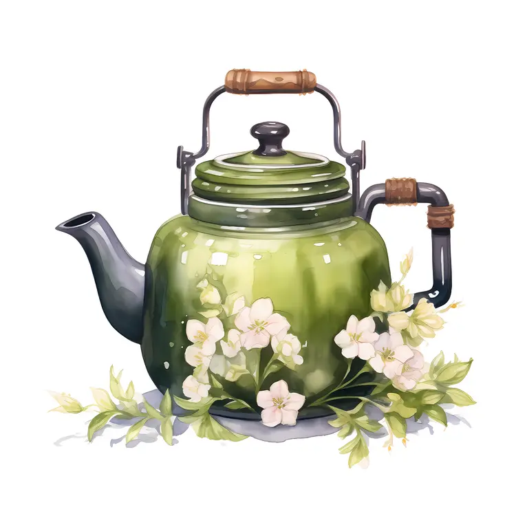 Green Teapot with Flowers Illustration
