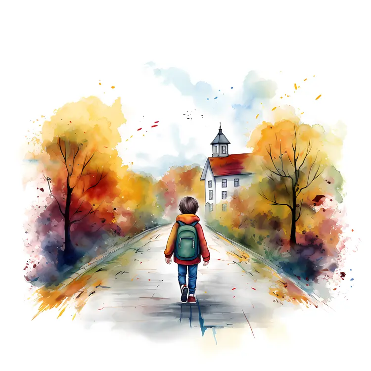 Boy with Backpack Walking on Autumn Road