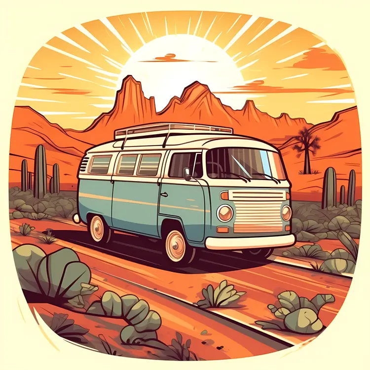 Blue Van in Desert Sunset Adventure