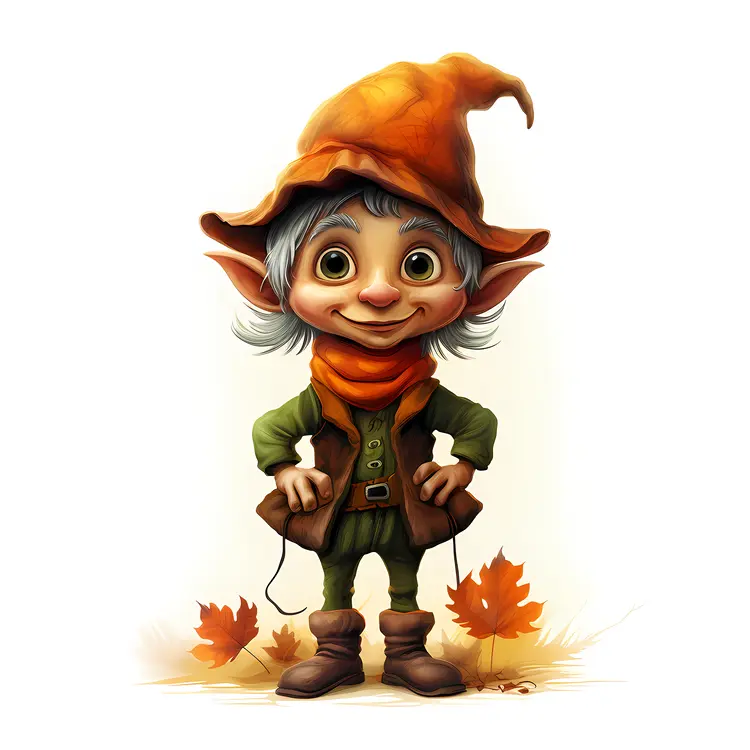 Elf in Green Outfit with Autumn Leaves