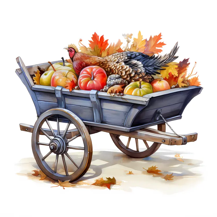 Autumn Harvest Cart with Pumpkins and Turkey