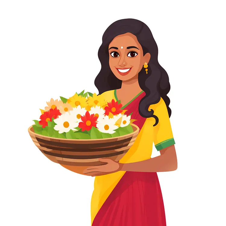 Woman in Traditional Dress Holding a Basket of Flowers