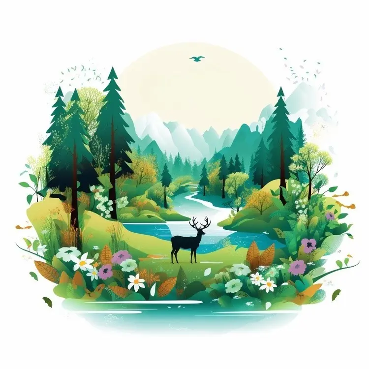 Forest Landscape with Deer and River