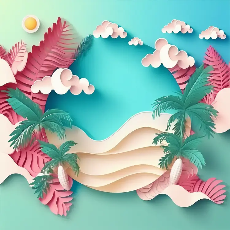 Tropical Beach with Palm Trees and Clouds in Paper Art Style