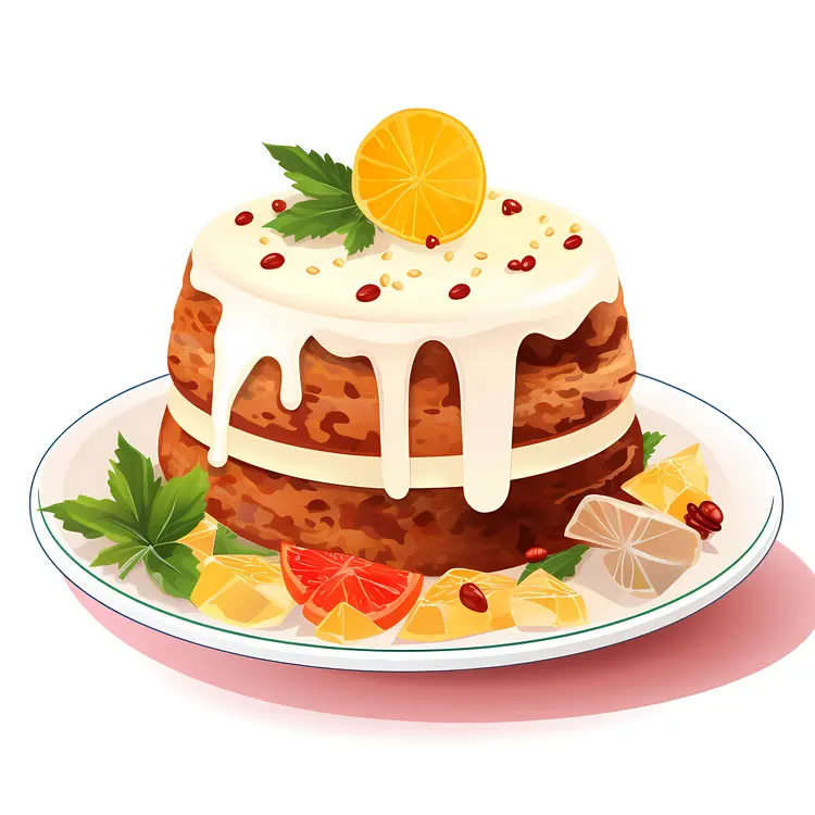 Decorated Cake with Icing and Fruits