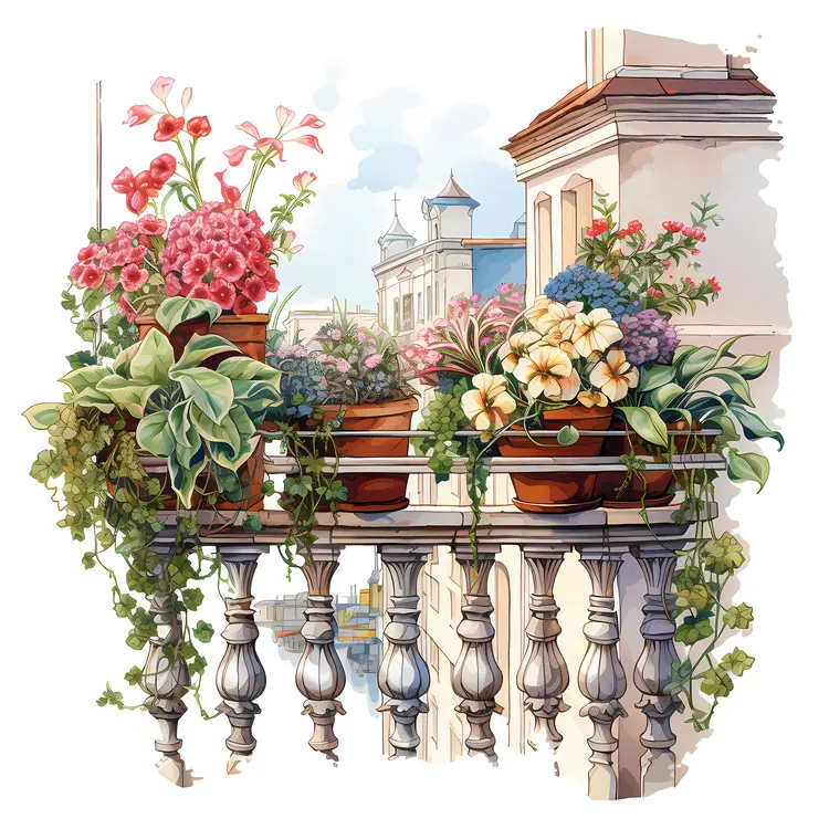Beautiful Flower Pots on Urban Balcony