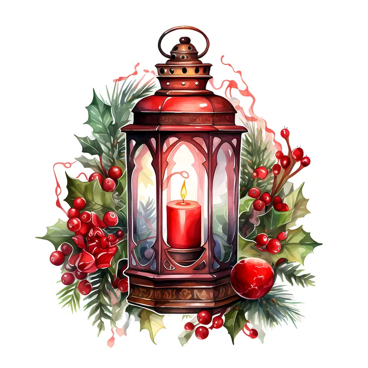 Red Lantern with Holly and Candle for Christmas
