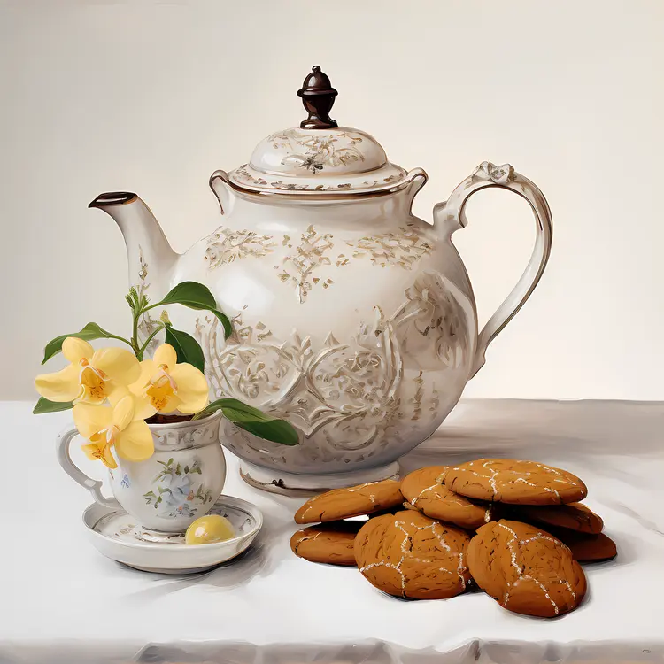 Ornate Teapot with Cookies and a Cup