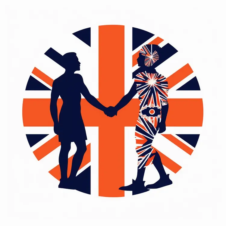 Silhouettes Shaking Hands with Union Jack Background
