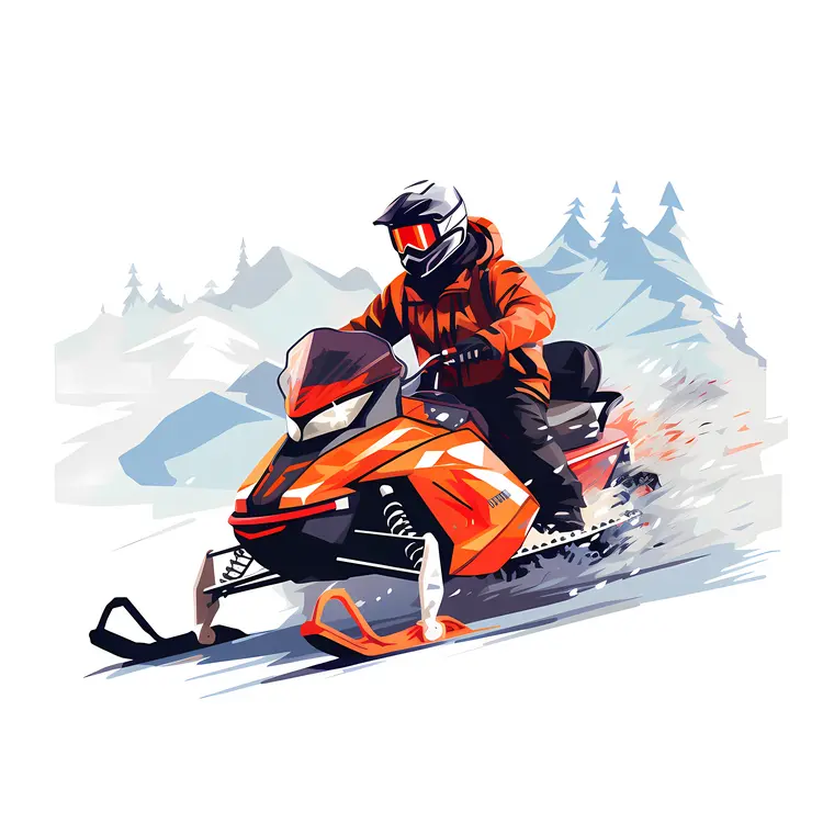 Snowmobile in Orange Racing Through Snowy Mountains